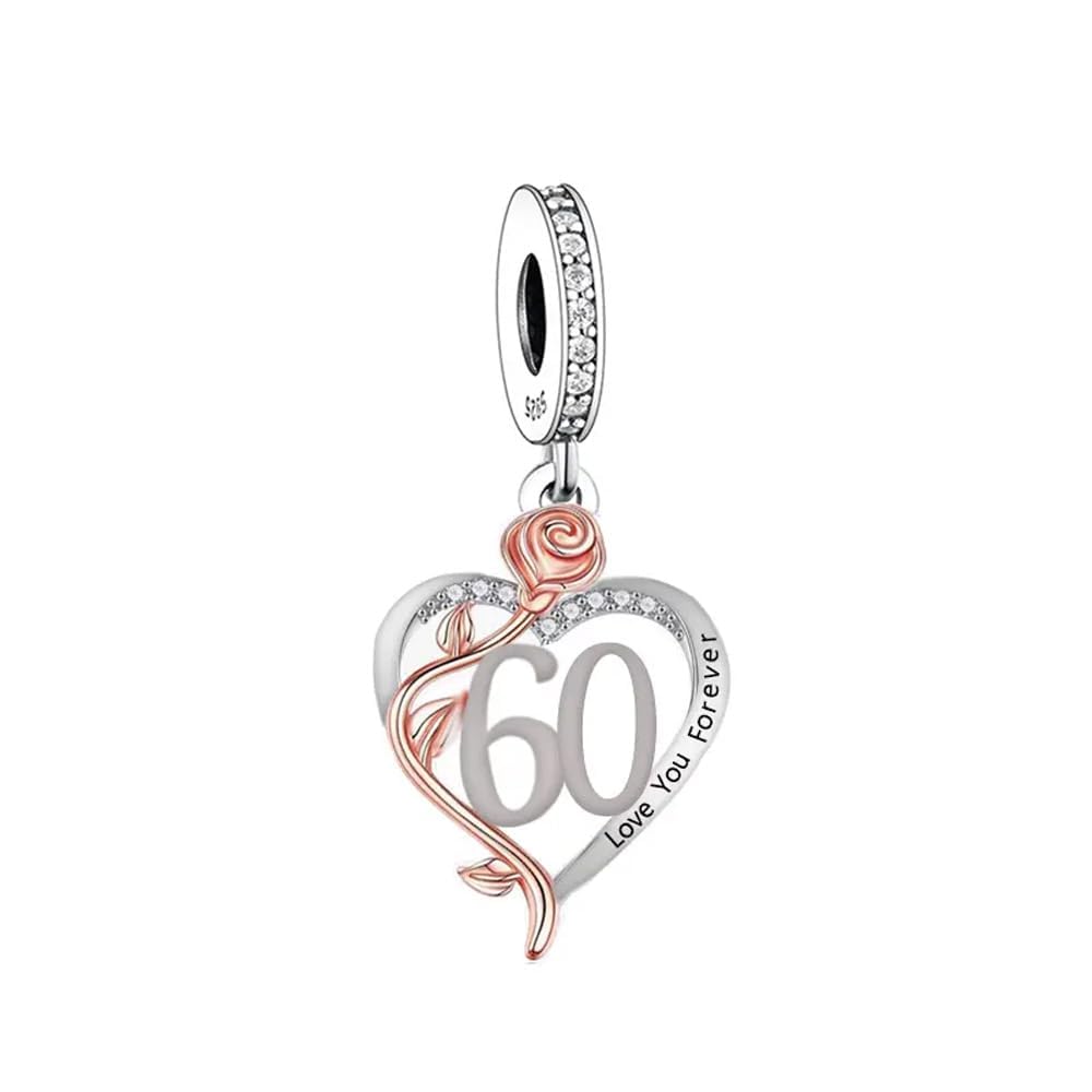iLove Charms 925 Sterling Silver 60th Birthday Charm with Rose Gold Heart Number 60 Jewellery Love Gift