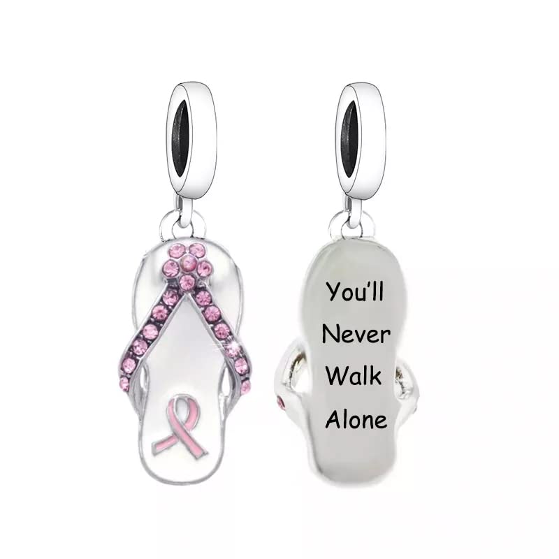 iLove Charms 925 Sterling Silver Charm Breast Cancer Pink Ribbon Flip Flop Bead You'll Never Walk Alone Jewellery Love Gift