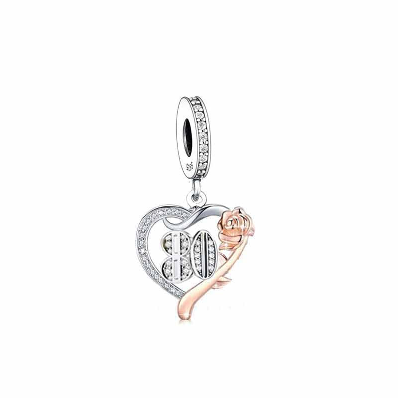 💝 80th Birthday 925 Sterling Silver Charm Number 80 Rose Flower Heart Love Gift