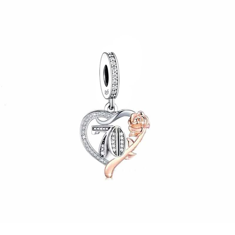 💝 70th Birthday Charm 925 Sterling Silver Number 70 Rose Anniversary Heart Gift