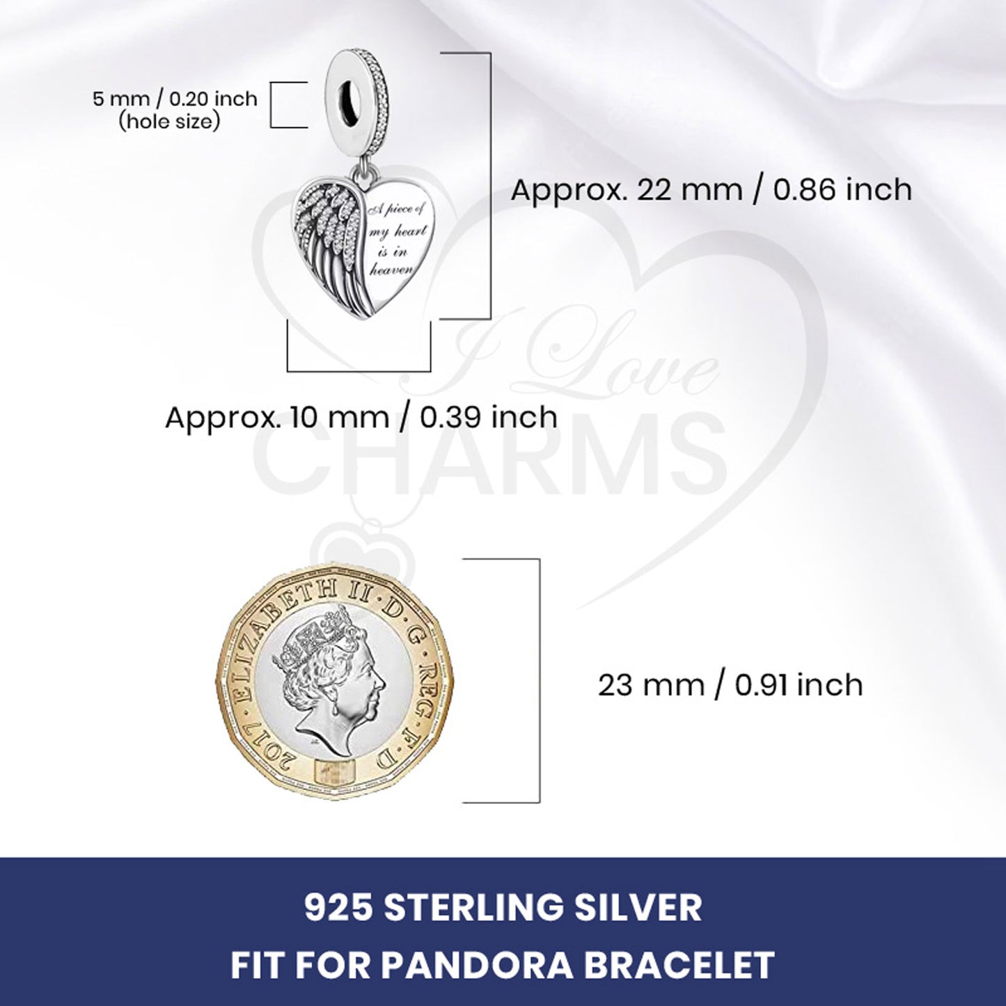 💝 A Piece of My Heart is in Heaven Charm 925 Sterling Silver Angel Wings Gift