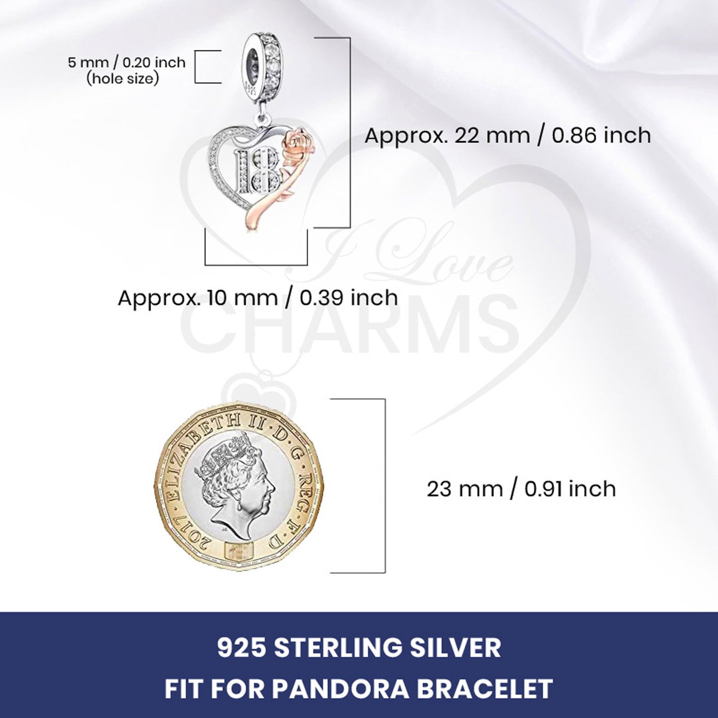 💝 18th Birthday Charm 925 Sterling Silver Heart Rose 18 Anniversary Love Gift