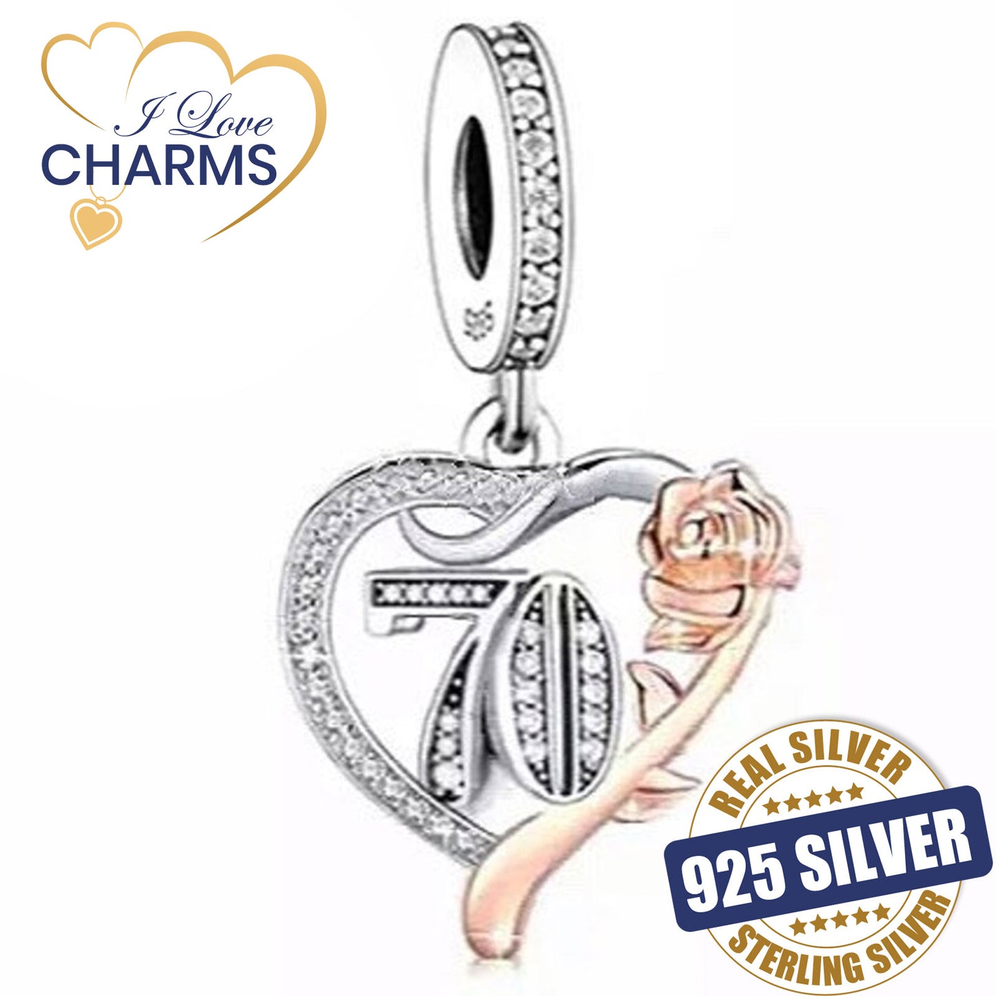 💝 70th Birthday Charm 925 Sterling Silver Number 70 Rose Anniversary Heart Gift