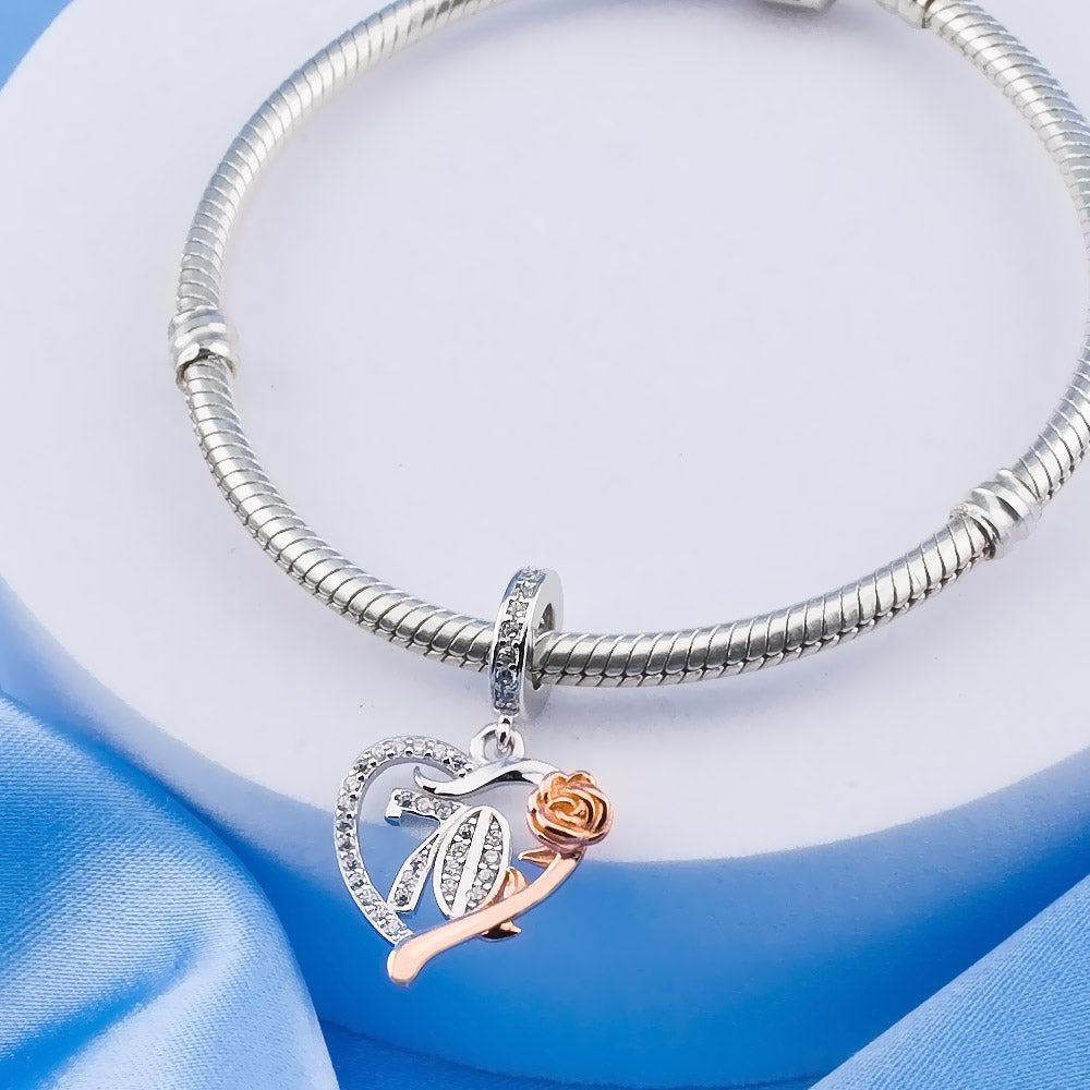 💝 70th Birthday Charm 925 Sterling Silver Number 70 Rose Anniversary Heart Gift