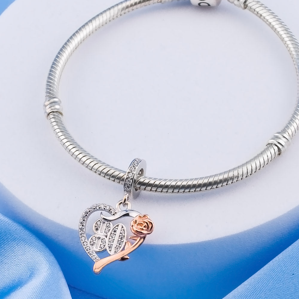 💝 80th Birthday 925 Sterling Silver Charm Number 80 Rose Flower Heart Love Gift