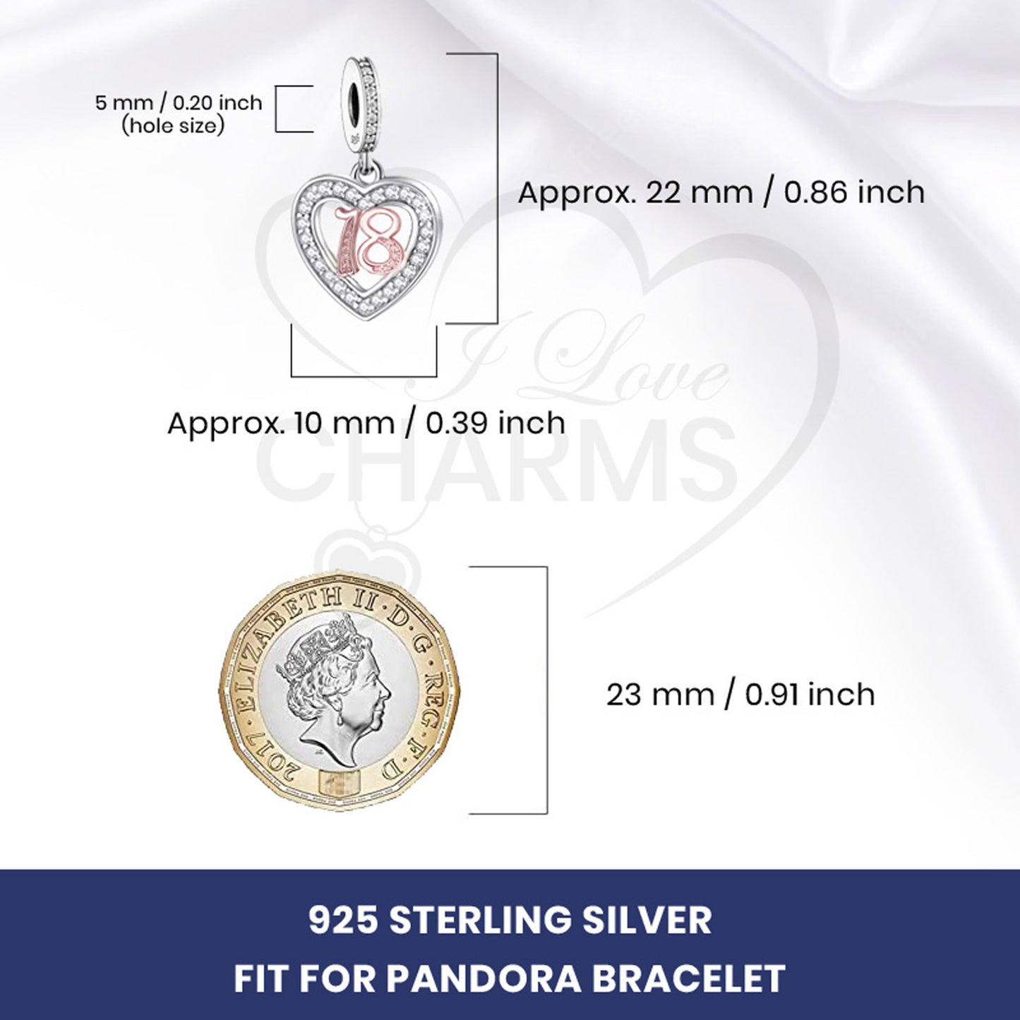 💝 18th Birthday Charm 925 Sterling Silver Number 18 Heart Love Anniversary Gift