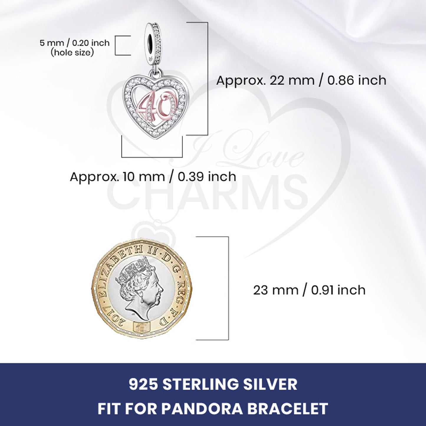 💝 40th Birthday Charm 925 Sterling Silver Number 40 Heart Love Anniversary Gift
