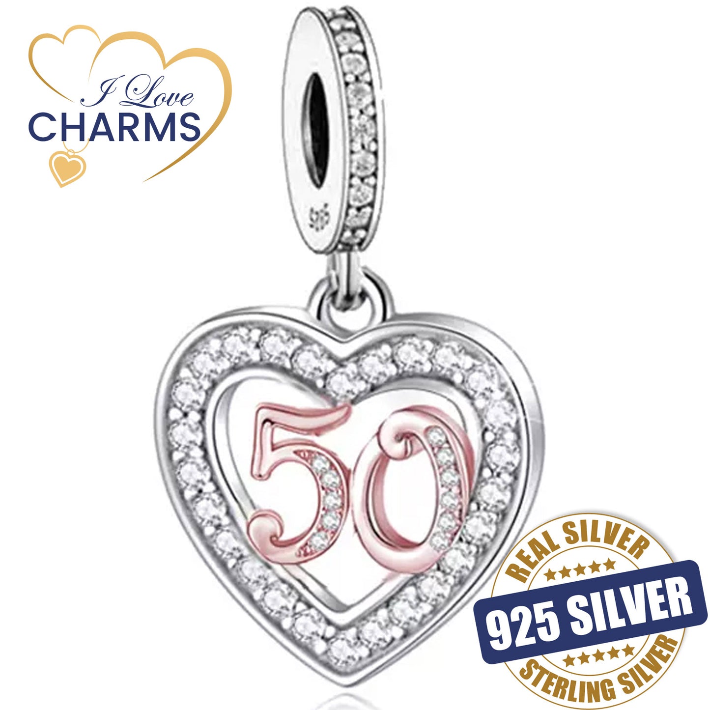 π 50th Birthday Charm 925 Sterling Silver Number 50 Heart Love Anniversary Gift