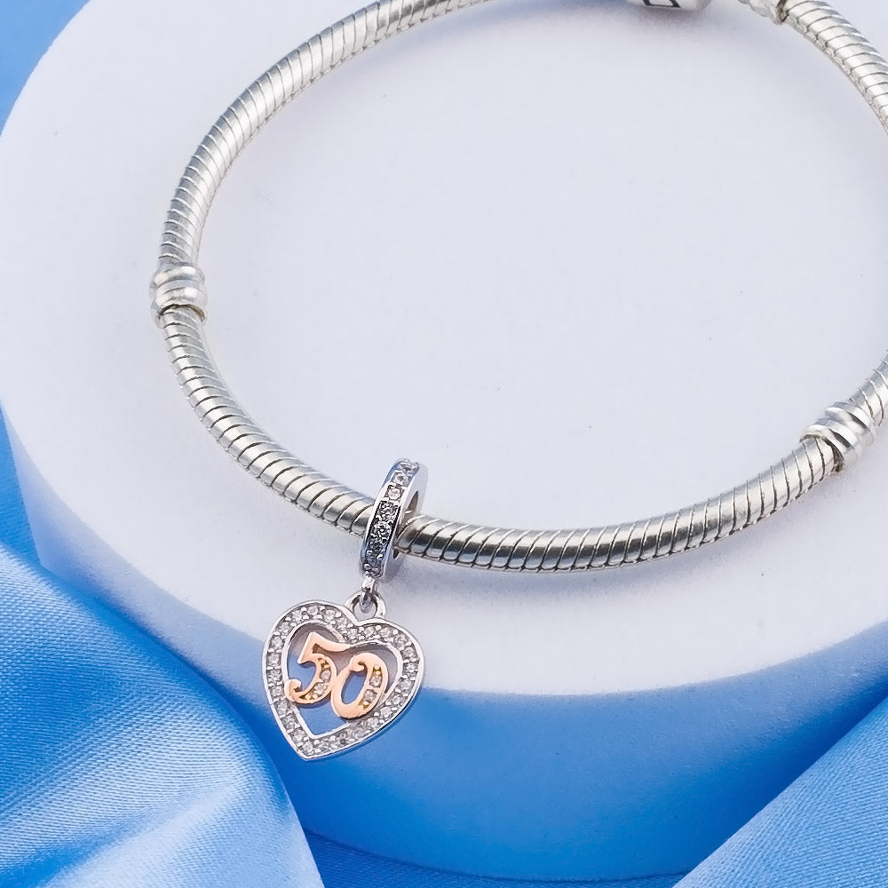 π 50th Birthday Charm 925 Sterling Silver Number 50 Heart Love Anniversary Gift