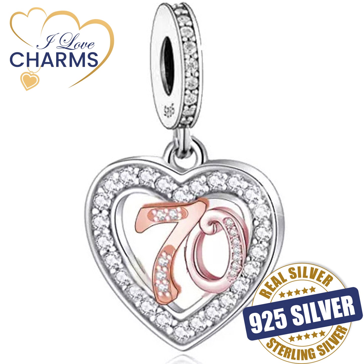 💝 70th Birthday Charm 925 Sterling Silver Number 70 Heart Love Anniversary Gift