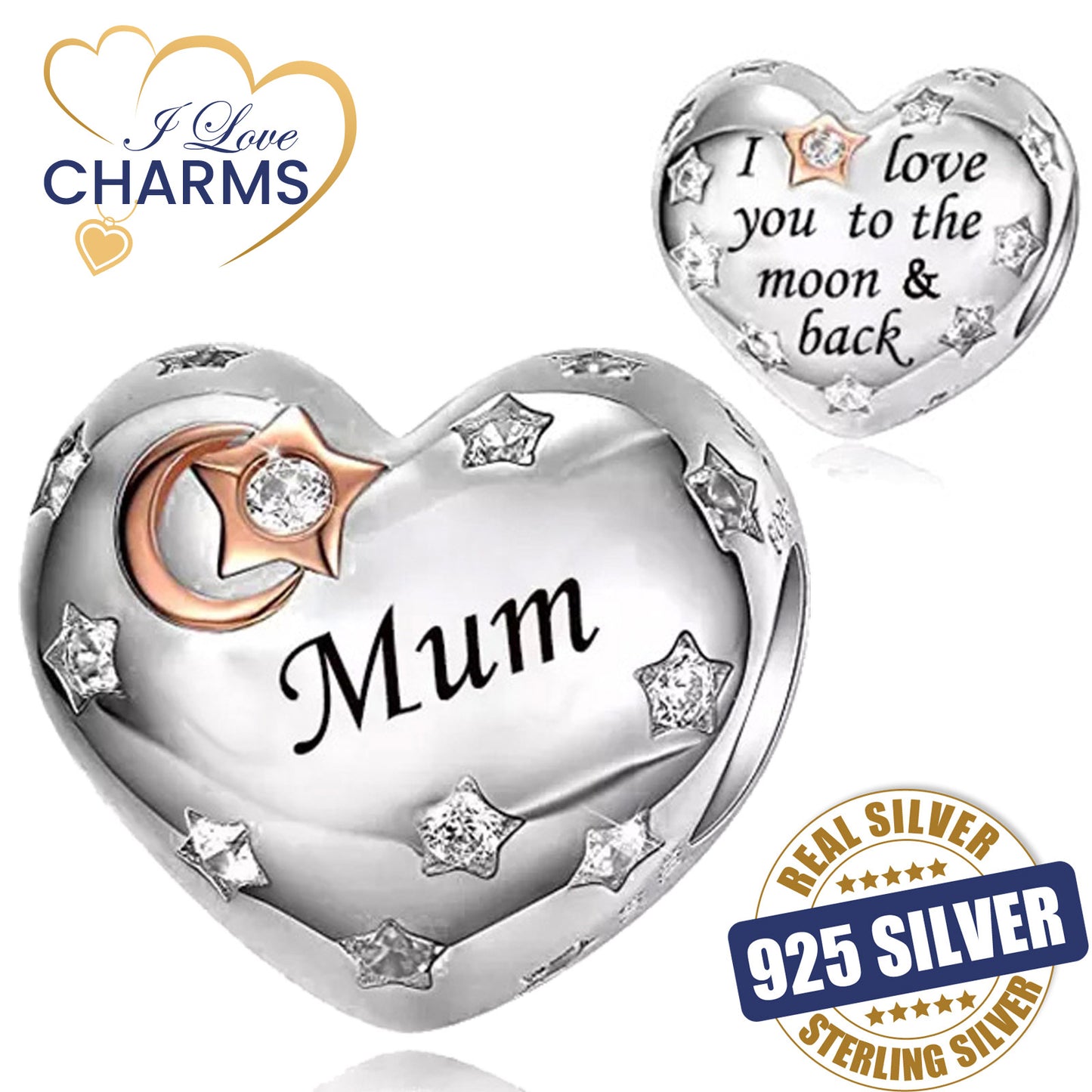 💝 Mum Charm I Love You To The Moon And Back 925 Sterling Silver Mother Gift