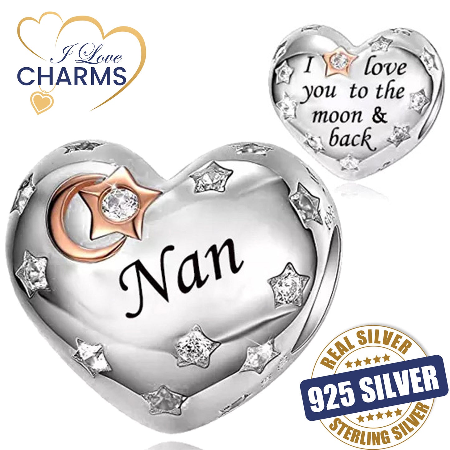 💝 Nan Charm I Love You To The Moon And Back 925 Sterling Silver Heart Nana Gift