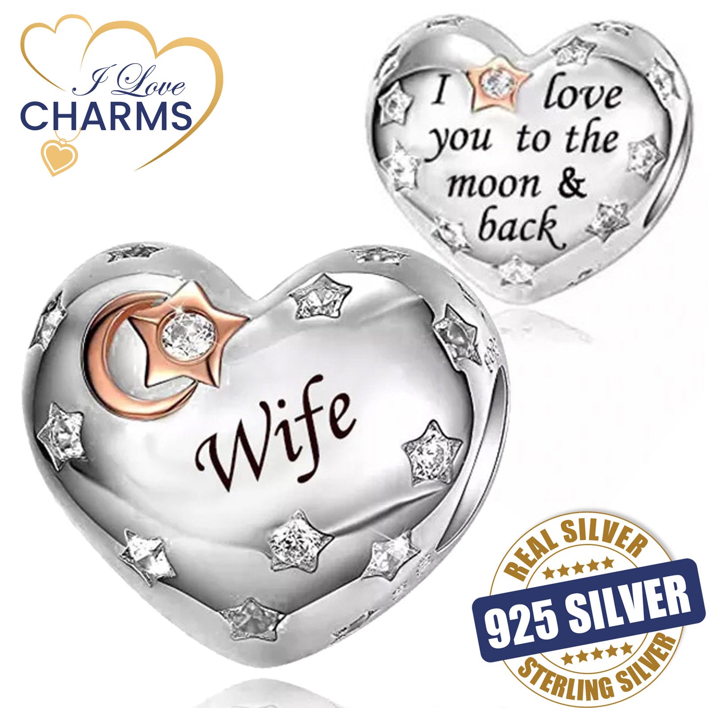 💝 Wife Charm I Love You To The Moon And Back 925 Sterling Silver Heart Gift