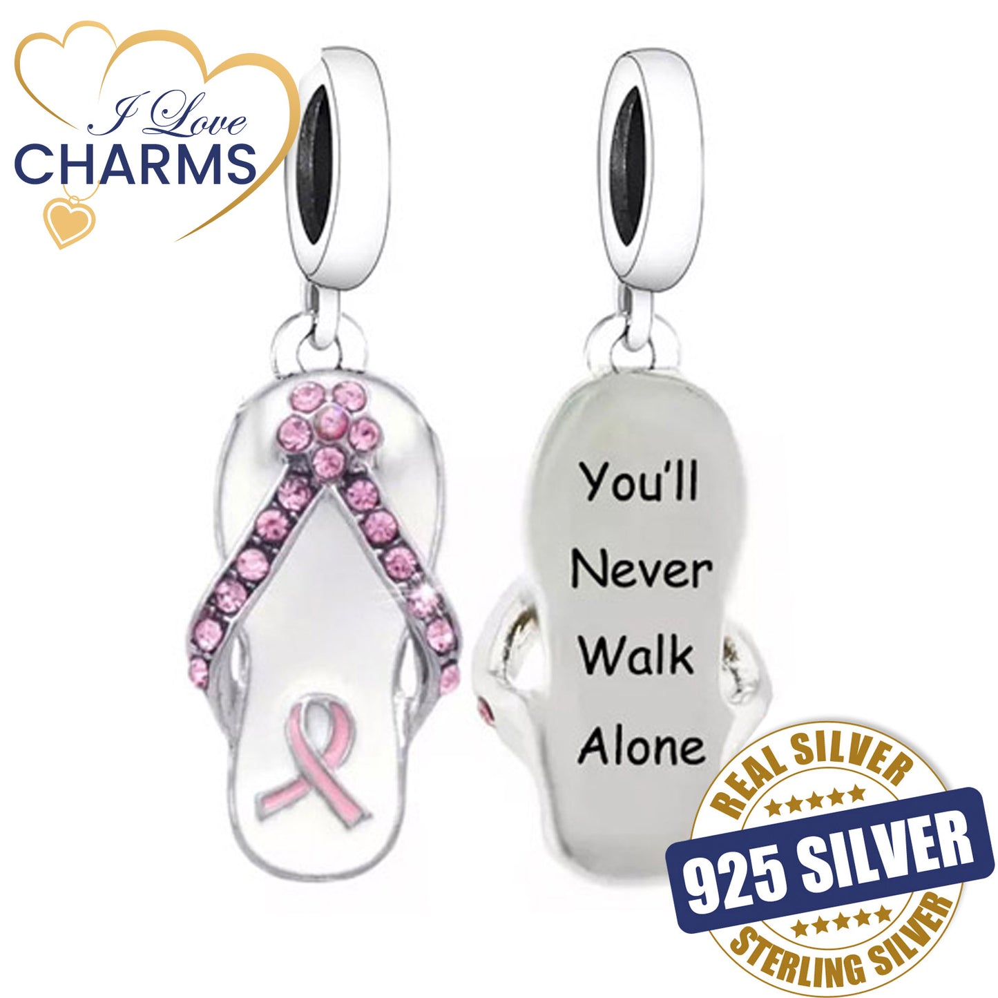 ๐ Breast Cancer Pink Ribbon Charm You'll Never Walk Alone 925 Sterling Silver