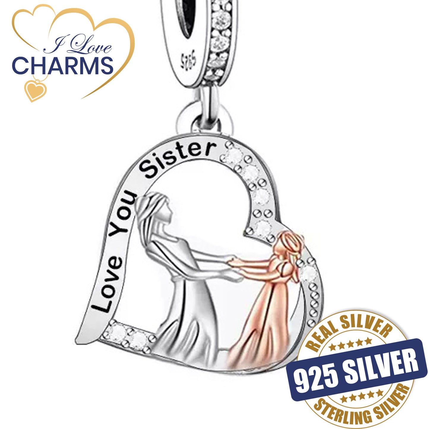 💝 Charm Love You Sister 925 Sterling Silver Little Big Sisters Love Gift Heart