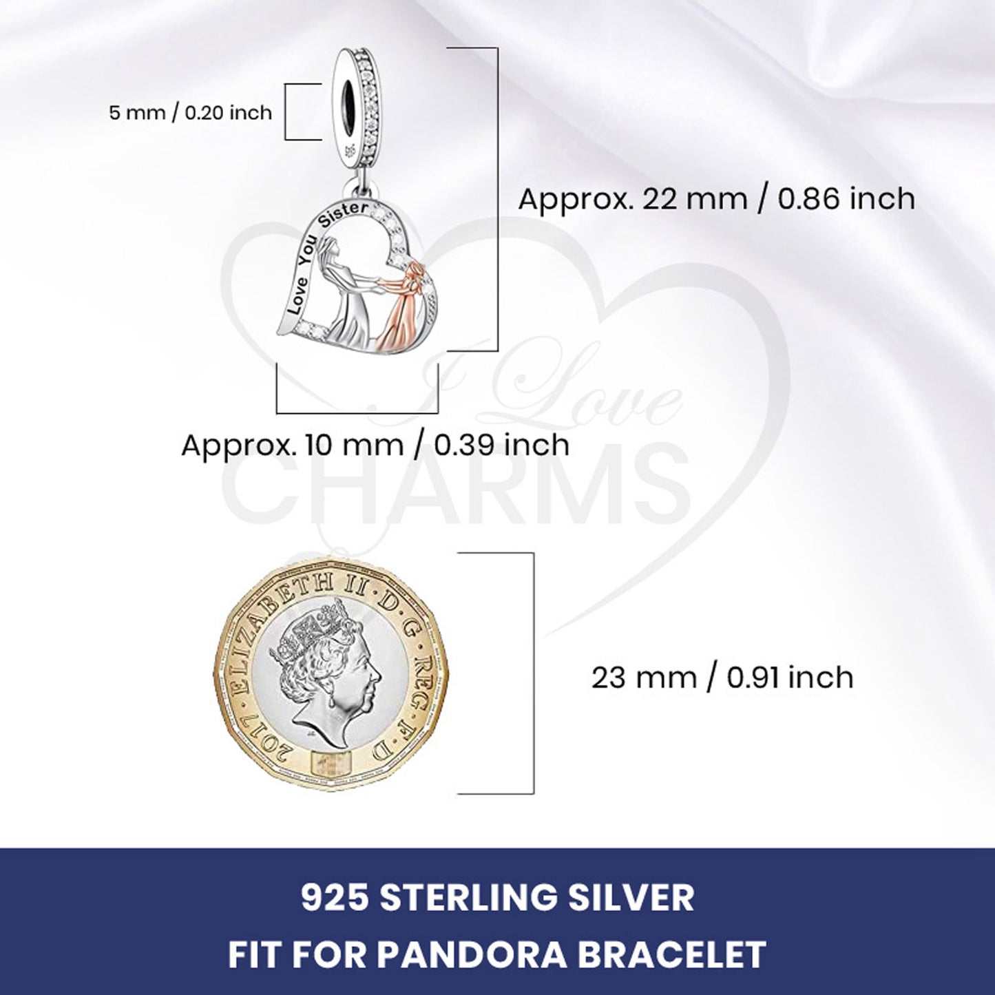 💝 Charm Love You Sister 925 Sterling Silver Little Big Sisters Love Gift Heart