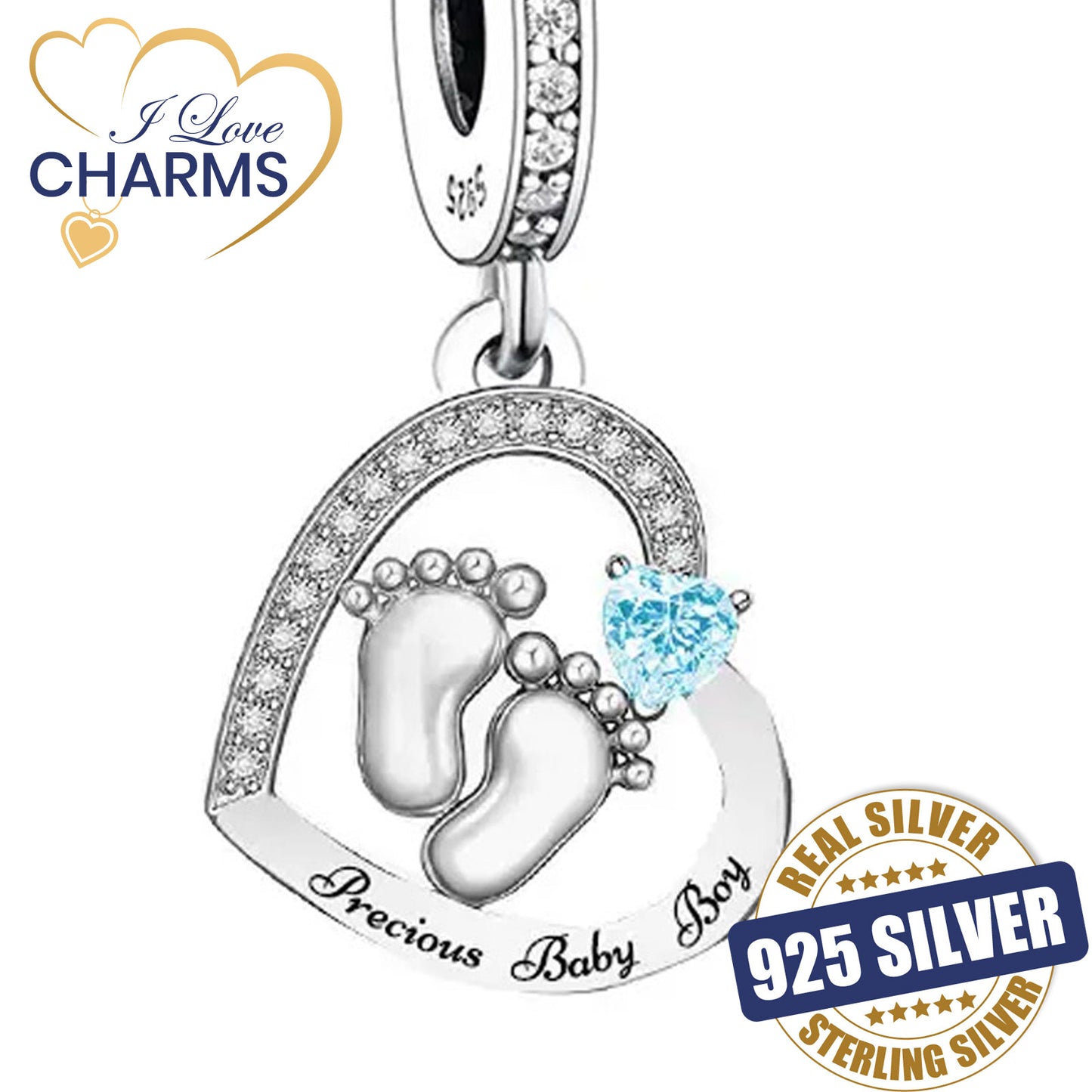 💝 Precious Baby Boy Charm 925 Sterling Silver for New Born Infant Heart Gift