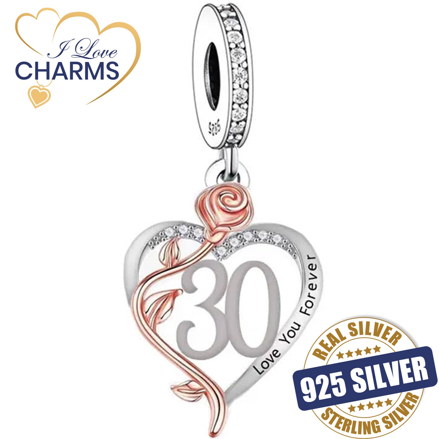 π 30th Birthday Charm 925 Sterling Silver Number 30 Heart Love Gift Anniversary