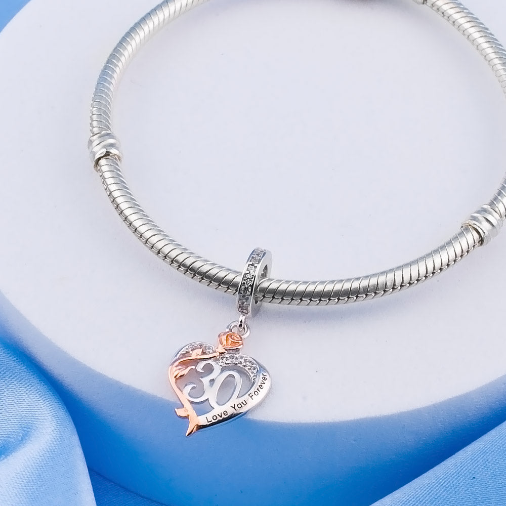 π 30th Birthday Charm 925 Sterling Silver Number 30 Heart Love Gift Anniversary