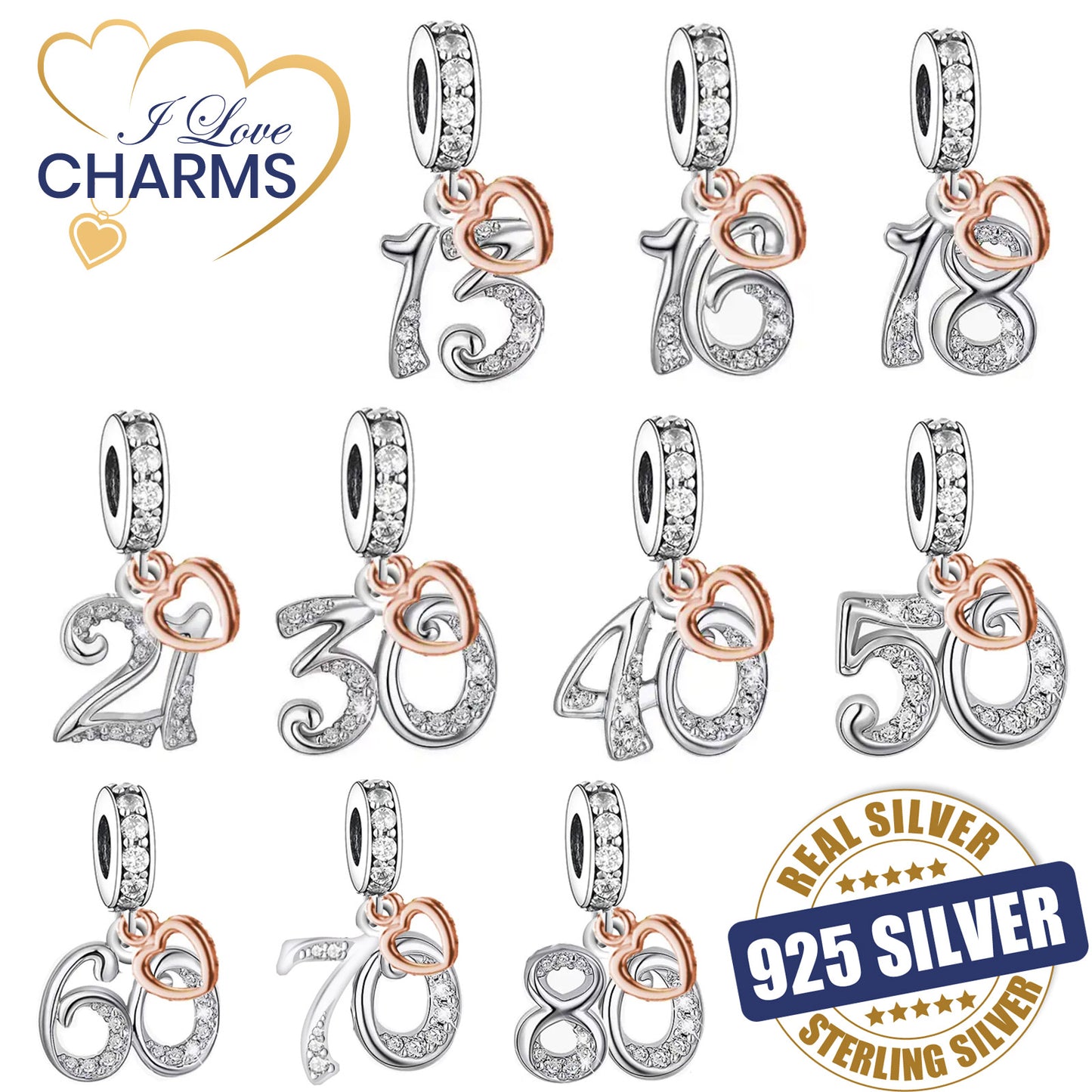 π Birthday Gift Charm 13th 16th 18th 21st 30th 925 Sterling Silver Anniversary