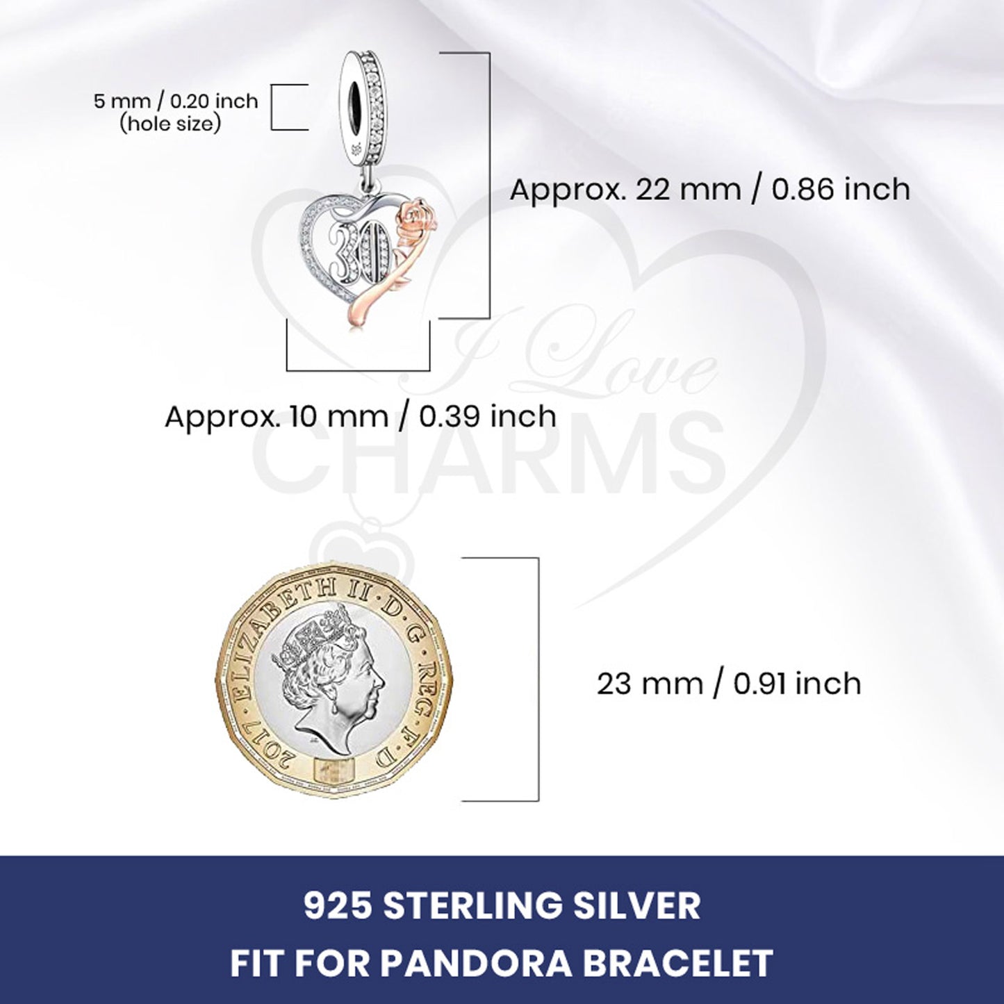 💝 30th Birthday Charm 925 Sterling Silver 30 Heart Rose Anniversary Love Gift