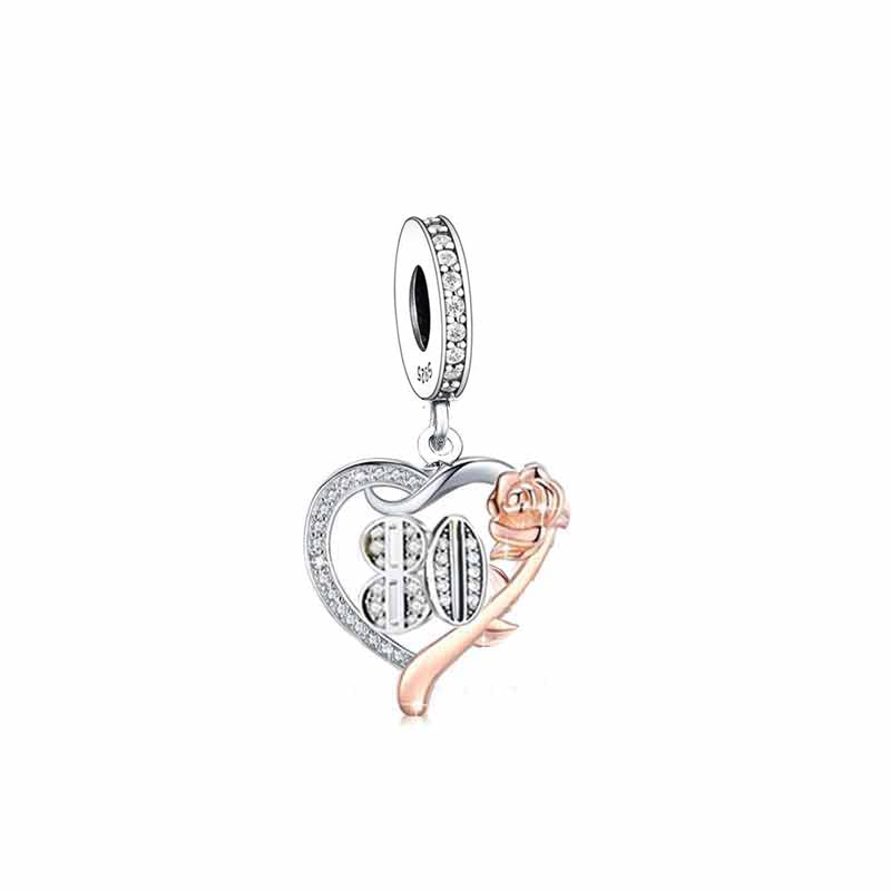 ilove Charms 925 Sterling Silver Birthday Charm 16th 18th 21st 30th 40th 50th 60th 70th 80th - 16 18 21 30 40 50 60 70 80 Heart with Rose