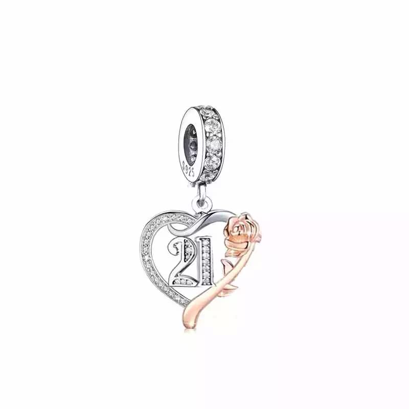 ilove Charms 925 Sterling Silver Birthday Charm 16th 18th 21st 30th 40th 50th 60th 70th 80th - 16 18 21 30 40 50 60 70 80 Heart with Rose