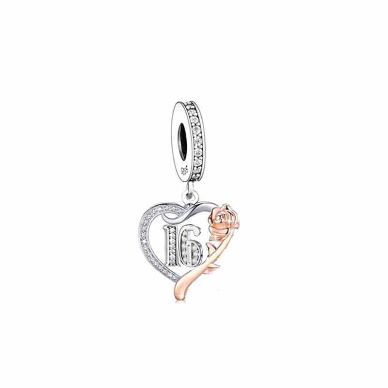 ilove Charms 925 Sterling Silver Birthday Charm 16th 18th 21st 30th 40th 50th 60th 70th 80th - 16 18 21 30 40 50 60 70 80 Heart with Rose