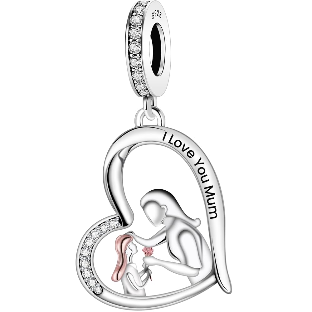 iLove Charms 925 Sterling Silver Charm I Love You Mum Daughter Mother Heart Bead Jewellery Love Gift