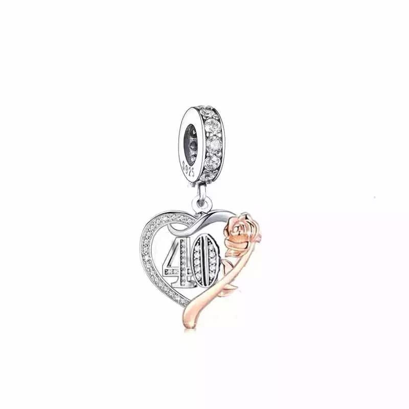 💝 40th Birthday Charm 925 Sterling Silver 40 Heart Rose Love Anniversary Gift