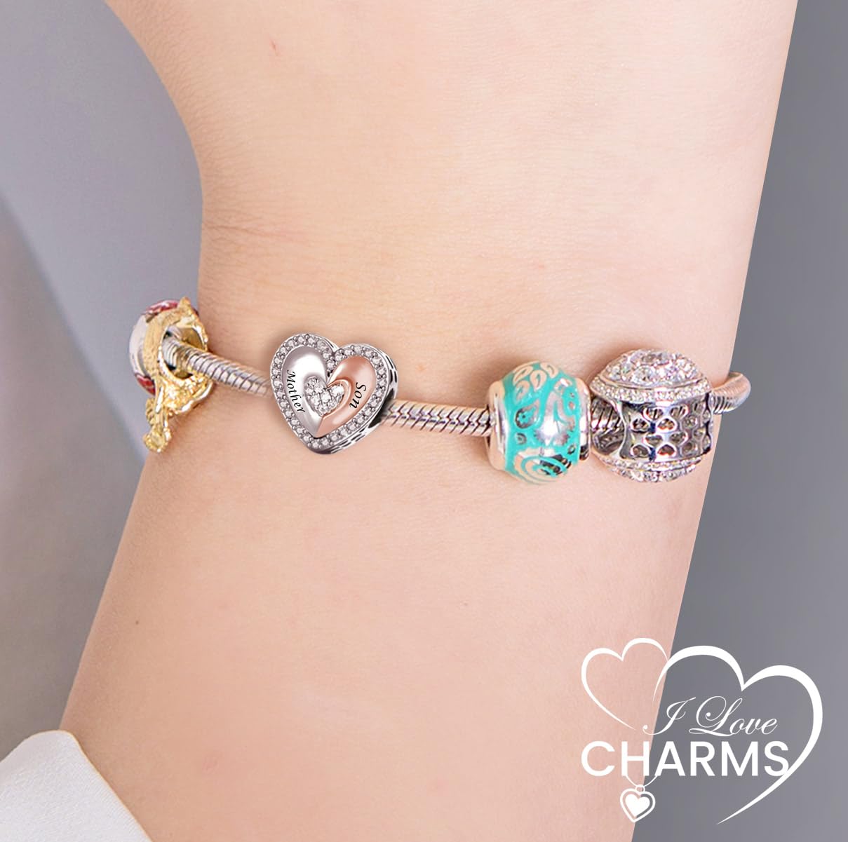 iLove Charms 925 Sterling Silver Mother Daughter Son Charm Heart Bead Jewellery Love Gift Mum