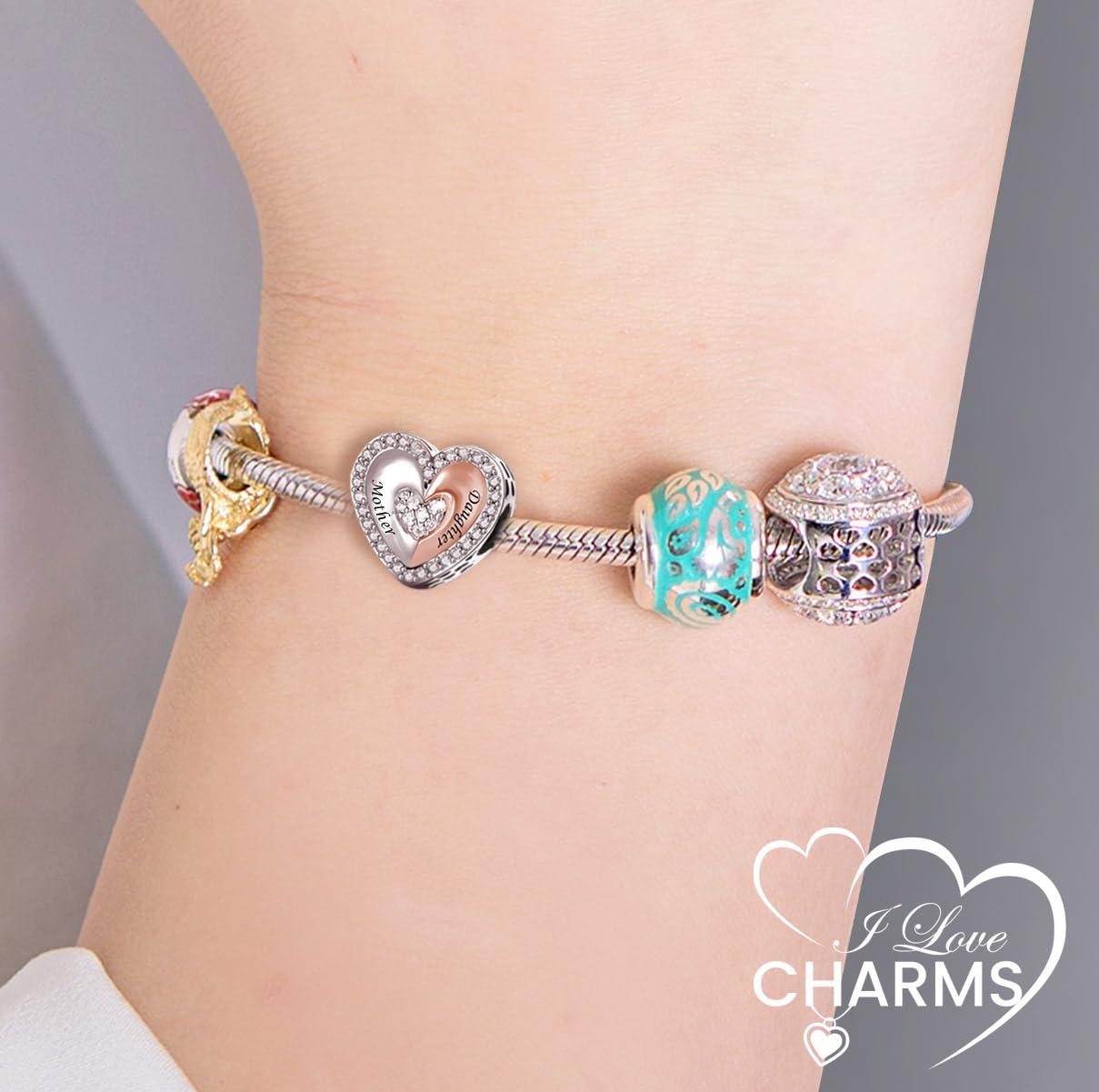 iLove Charms 925 Sterling Silver Mother Daughter Son Charm Heart Bead Jewellery Love Gift Mum
