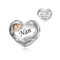 iLove Charms 925 Sterling Silver Charm for Nanny Nan Grandma Son Wife Dad Niece Mum Daughter I Love You To The Moon And Back Heart