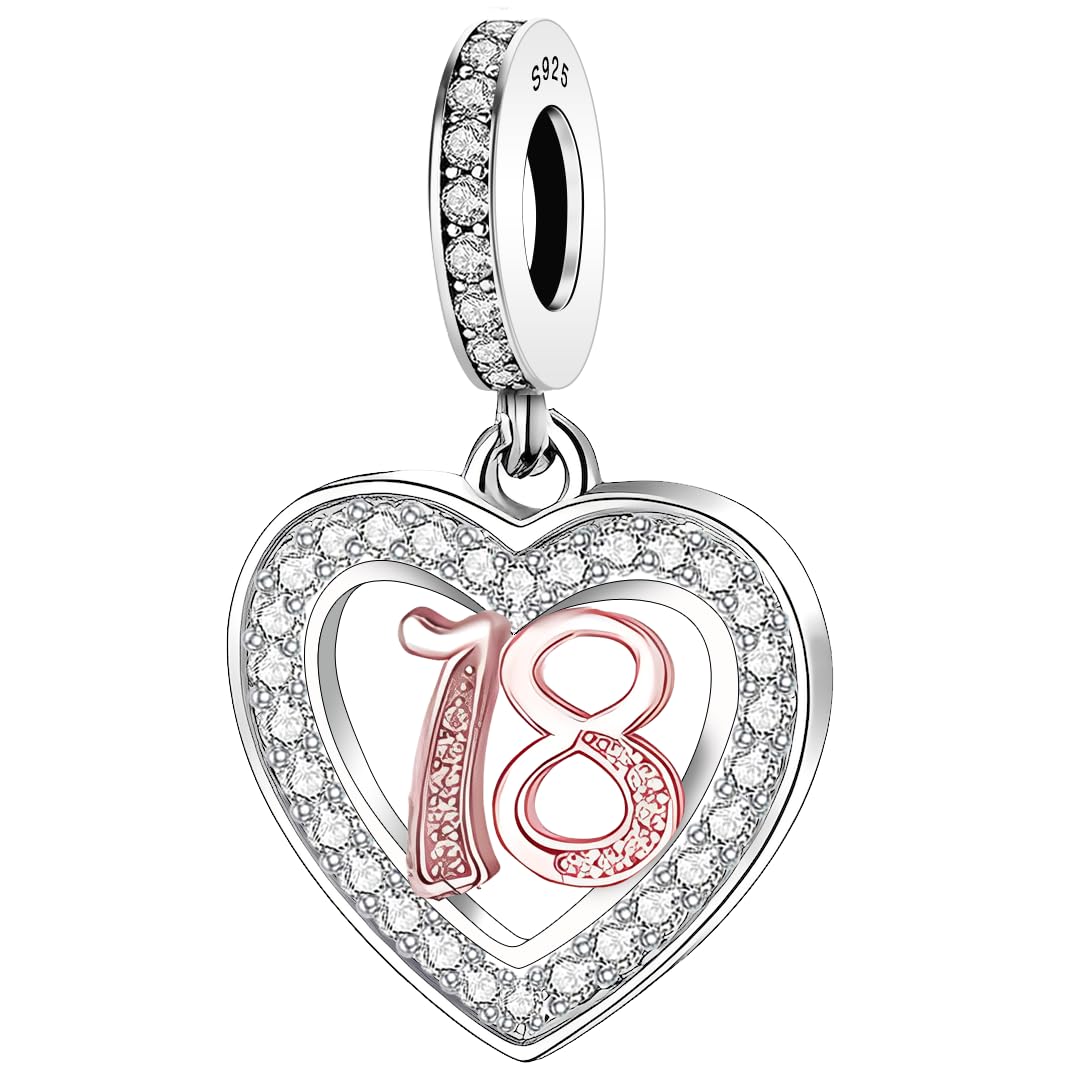 925 Sterling Silver 13 16 18 21 30 40 50 60 70 -13th 16th 18th 21st 30th 40th 50th 60th 70th Birthday Charm Heart Bead Jewellery Love Gift