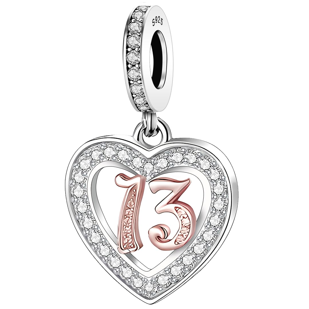 925 Sterling Silver 13 16 18 21 30 40 50 60 70 -13th 16th 18th 21st 30th 40th 50th 60th 70th Birthday Charm Heart Bead Jewellery Love Gift