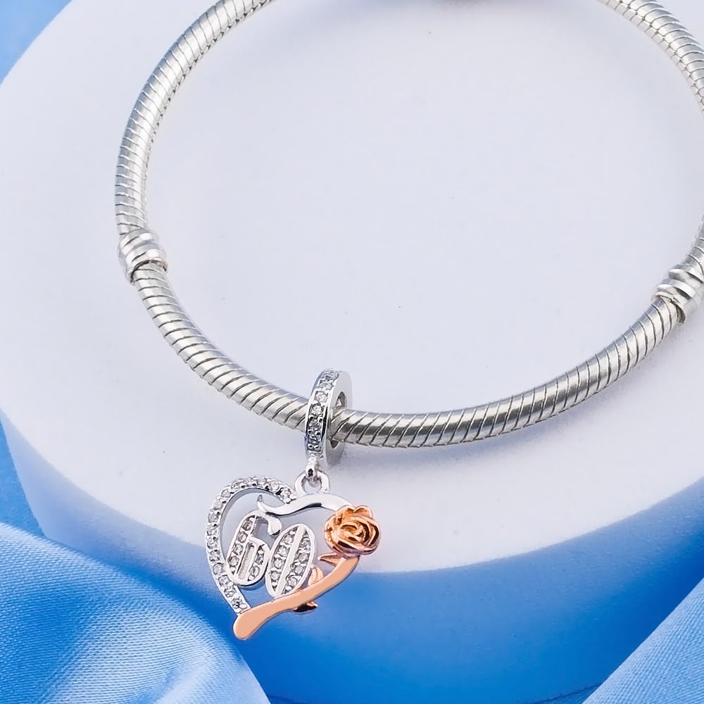 ilove Charms 925 Sterling Silver Birthday Charm 16th 18th 21st 30th 40th 50th 60th 70th 80th - 16 18 21 30 40 50 60 70 80 Heart with Rose