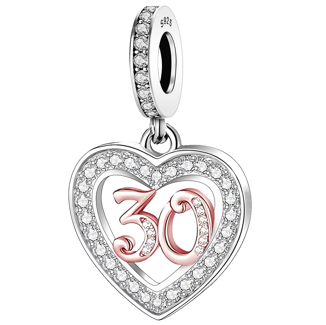925 Sterling Silver 13 16 18 21 30 40 50 60 70 -13th 16th 18th 21st 30th 40th 50th 60th 70th Birthday Charm Heart Bead Jewellery Love Gift