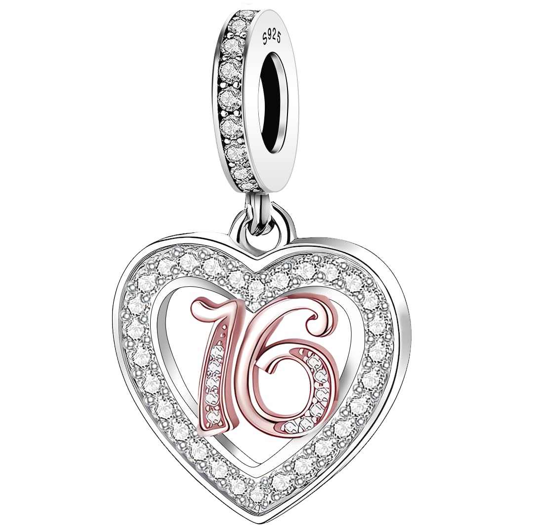 925 Sterling Silver 13 16 18 21 30 40 50 60 70 -13th 16th 18th 21st 30th 40th 50th 60th 70th Birthday Charm Heart Bead Jewellery Love Gift