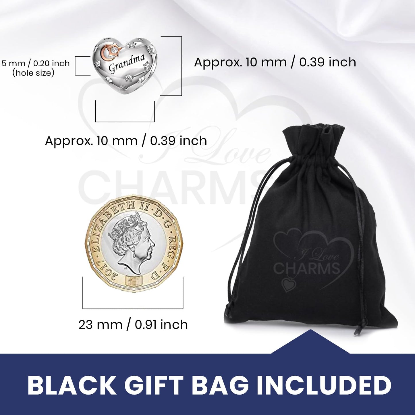 iLove Charms 925 Sterling Silver Charm for Nanny Nan Grandma Son Wife Dad Niece Mum Daughter I Love You To The Moon And Back Heart