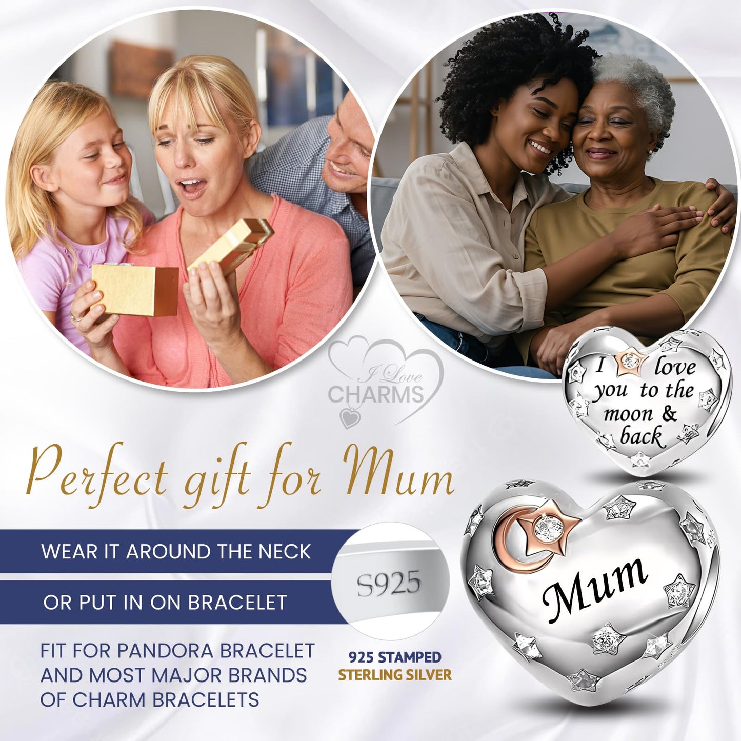 iLove Charms 925 Sterling Silver Charm for Nanny Nan Grandma Son Wife Dad Niece Mum Daughter I Love You To The Moon And Back Heart
