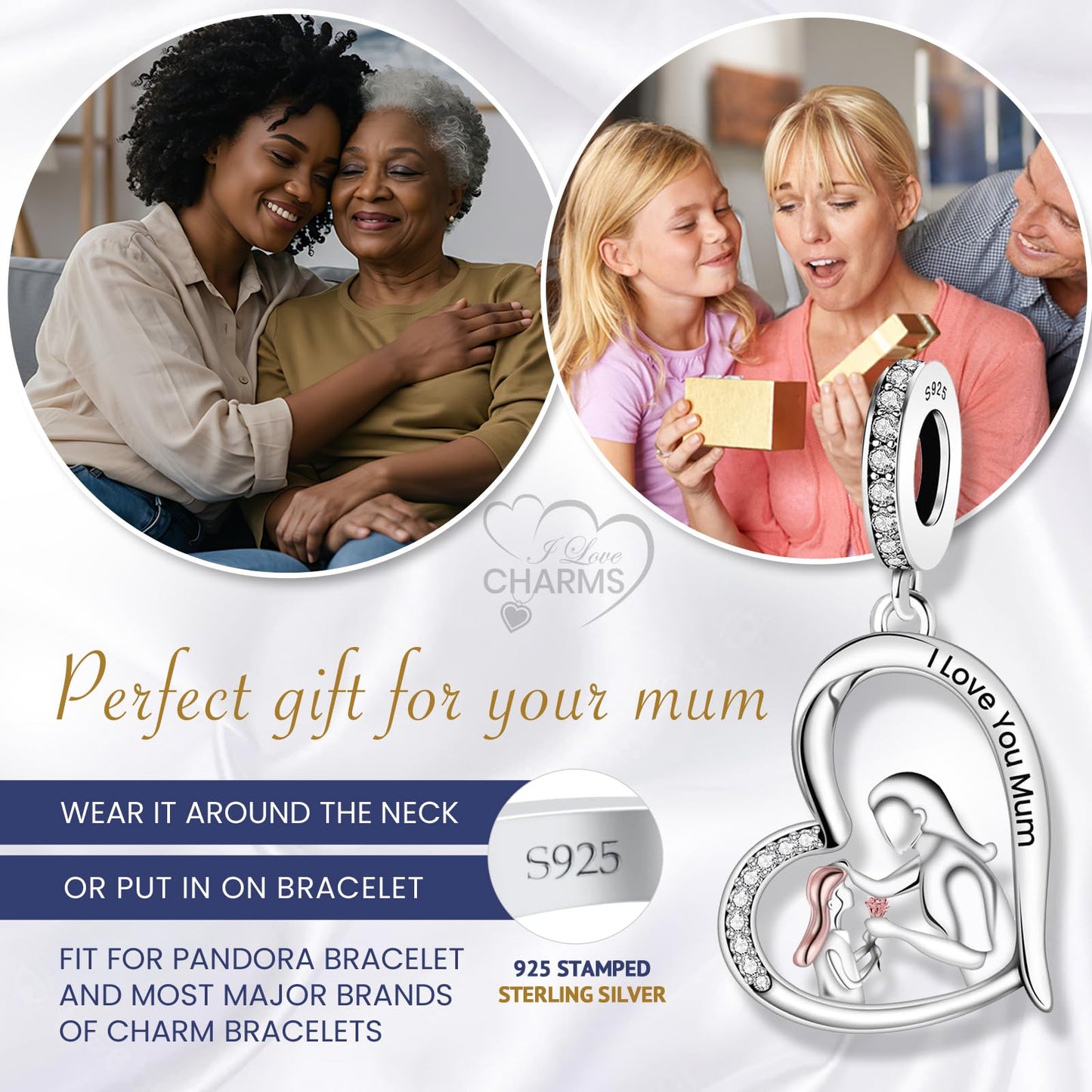iLove Charms 925 Sterling Silver Charm I Love You Mum Daughter Mother Heart Bead Jewellery Love Gift