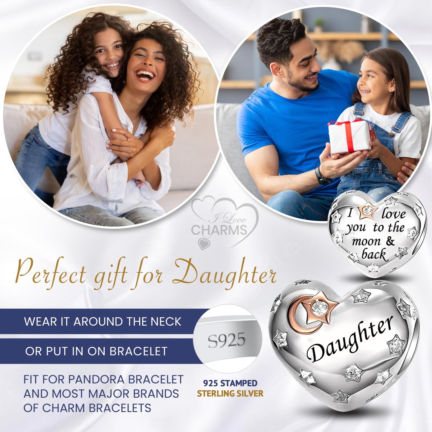 iLove Charms 925 Sterling Silver Charm for Nanny Nan Grandma Son Wife Dad Niece Mum Daughter I Love You To The Moon And Back Heart