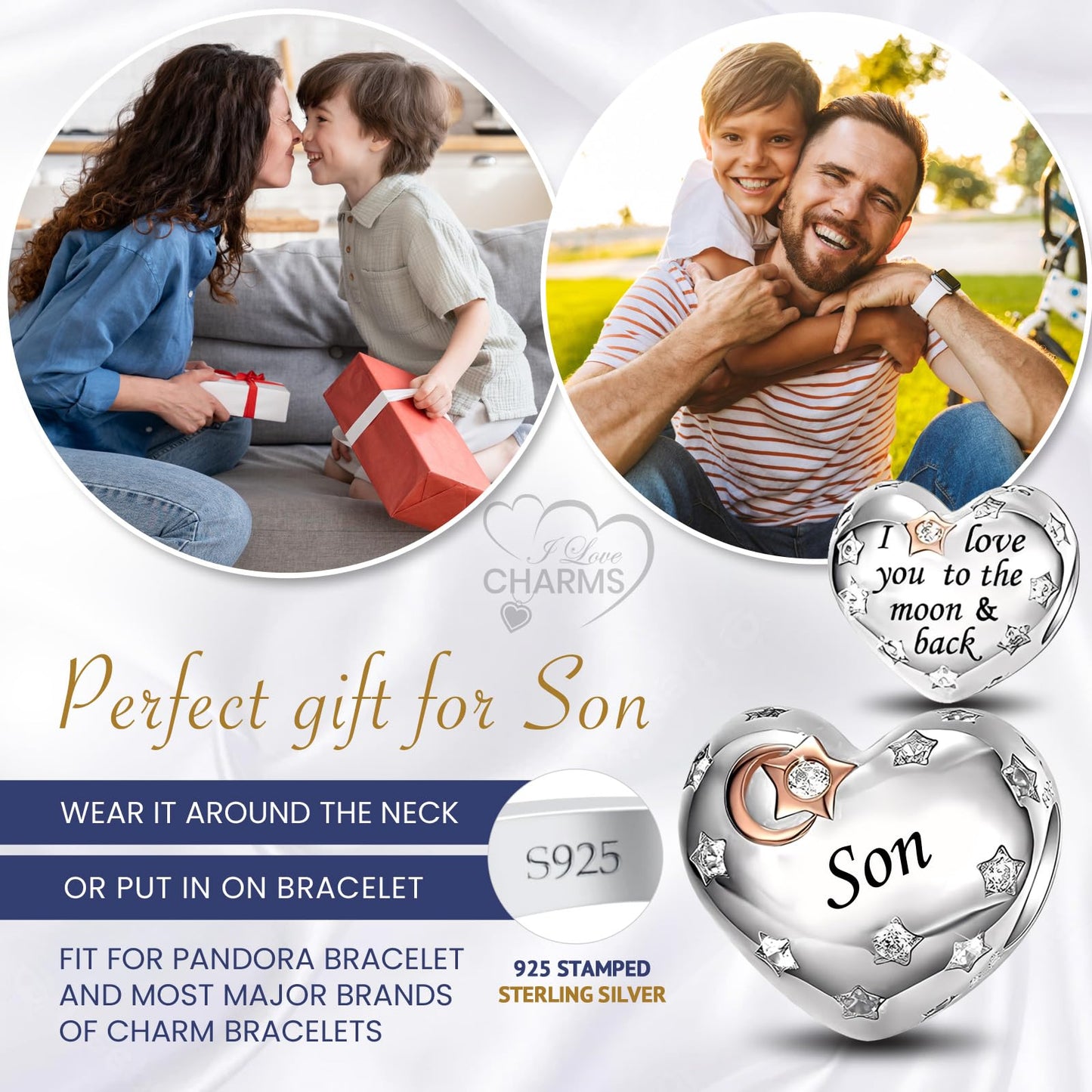 iLove Charms 925 Sterling Silver Charm for Nanny Nan Grandma Son Wife Dad Niece Mum Daughter I Love You To The Moon And Back Heart