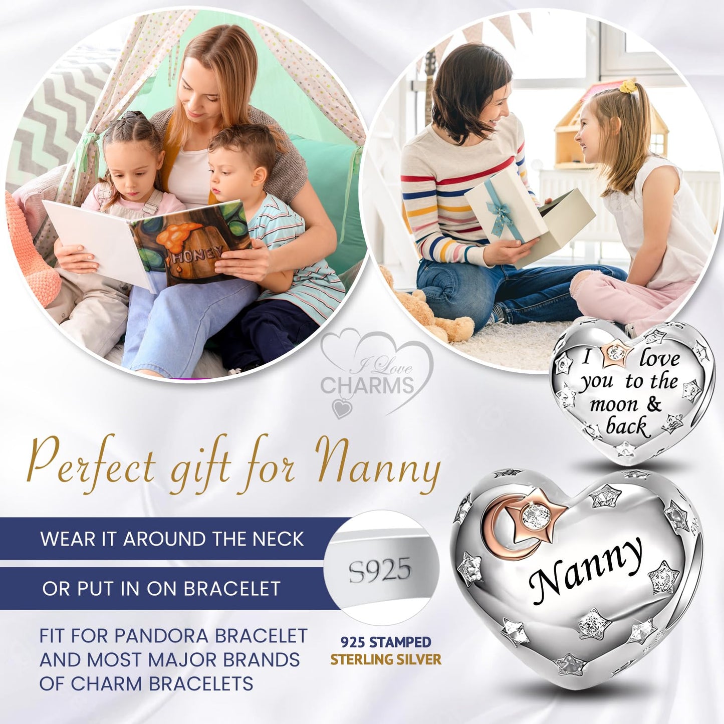 iLove Charms 925 Sterling Silver Charm for Nanny Nan Grandma Son Wife Dad Niece Mum Daughter I Love You To The Moon And Back Heart