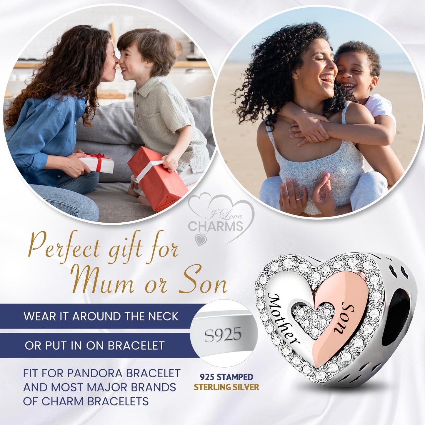 iLove Charms 925 Sterling Silver Mother Daughter Son Charm Heart Bead Jewellery Love Gift Mum