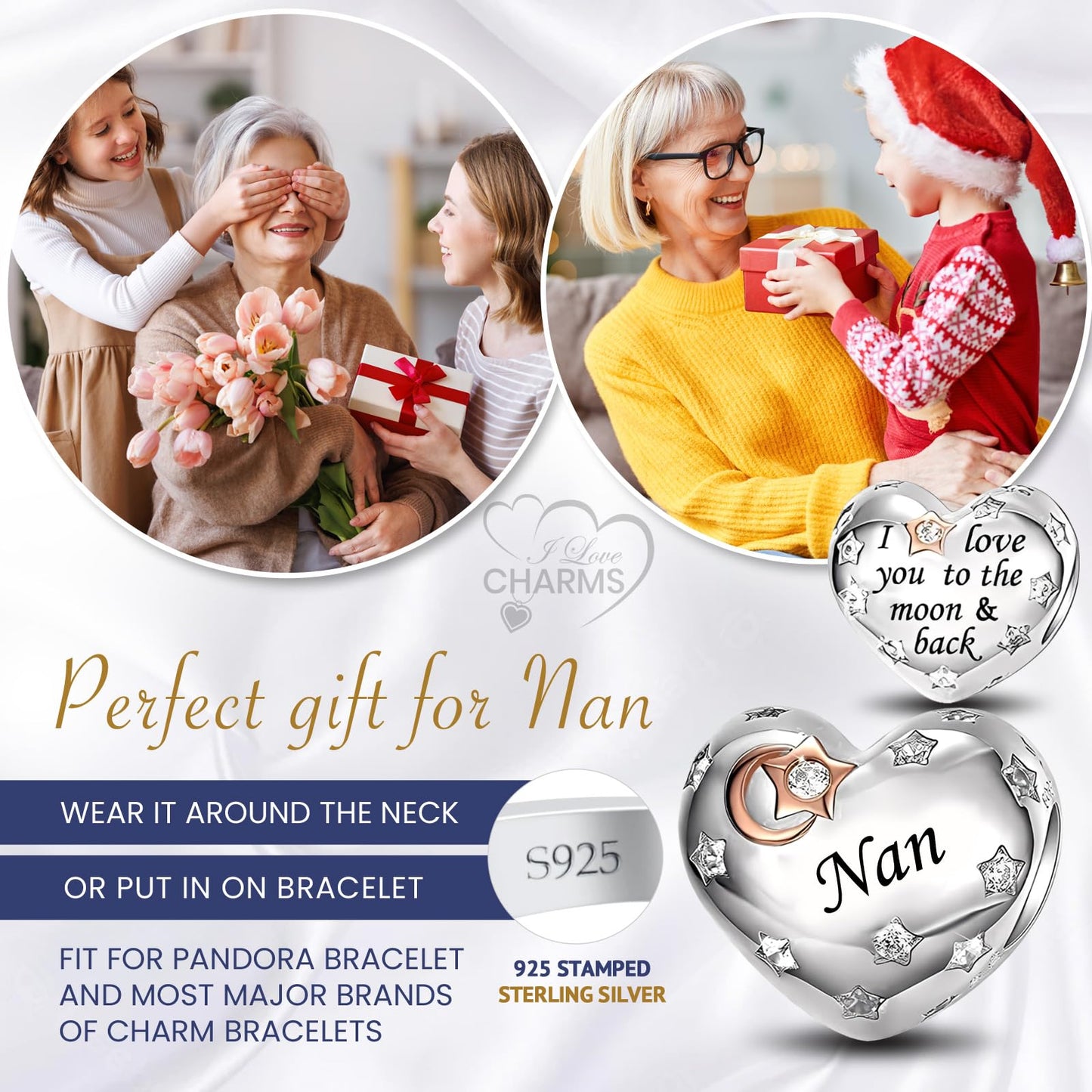 iLove Charms 925 Sterling Silver Charm for Nanny Nan Grandma Son Wife Dad Niece Mum Daughter I Love You To The Moon And Back Heart