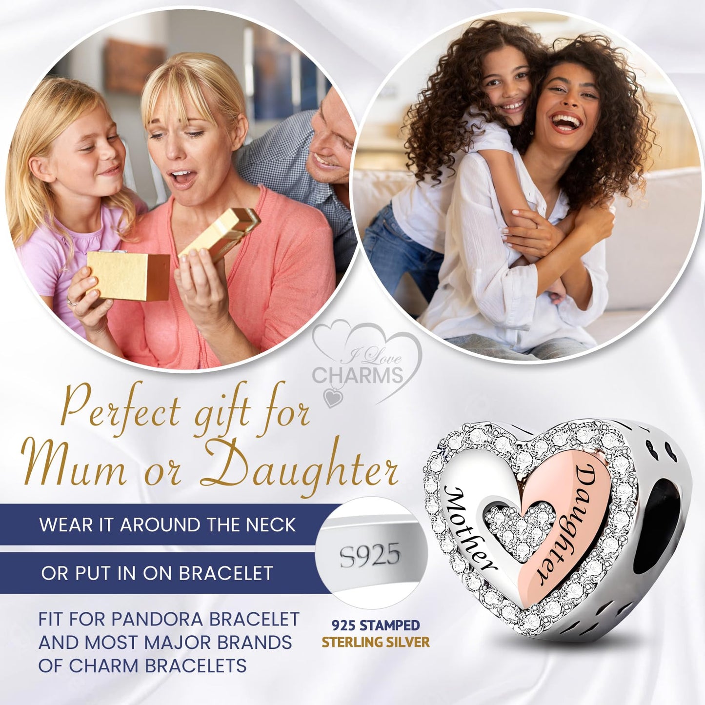 iLove Charms 925 Sterling Silver Mother Daughter Son Charm Heart Bead Jewellery Love Gift Mum