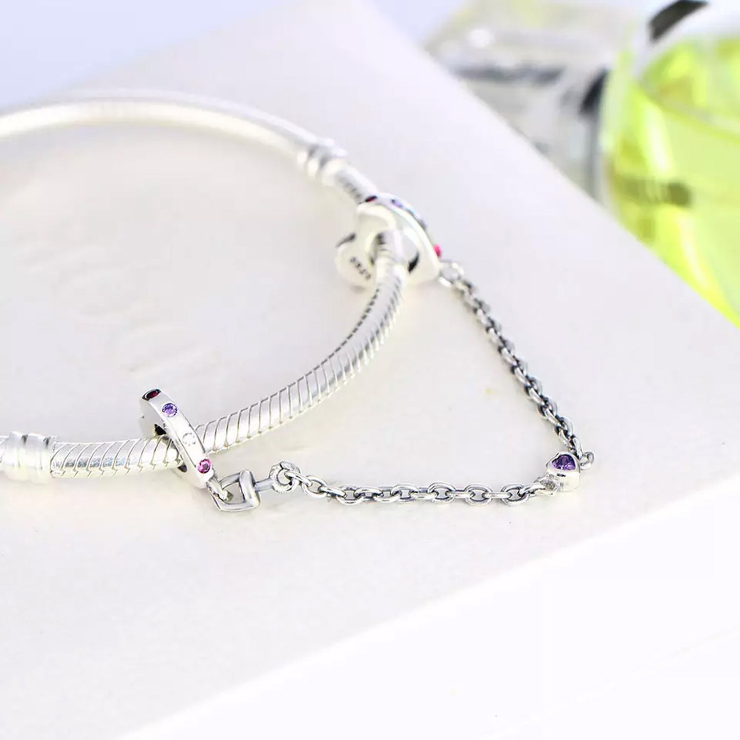 💝 Safety Chain Charm 925 Sterling Silver Gift Bracelet with Purple Heart