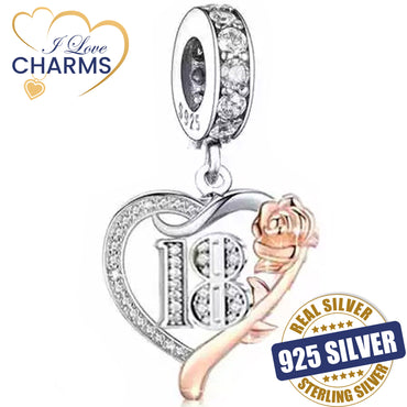 💝 18th Birthday Charm 925 Sterling Silver Heart Rose 18 Anniversary Love Gift