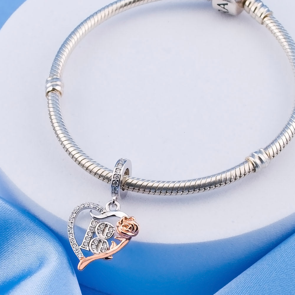 💝 18th Birthday Charm 925 Sterling Silver Heart Rose 18 Anniversary Love Gift